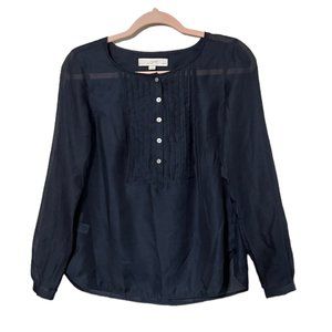 LOFT Womens Peasant Top Blouse Size SP Pleated Navy Blue Sheer Henley
